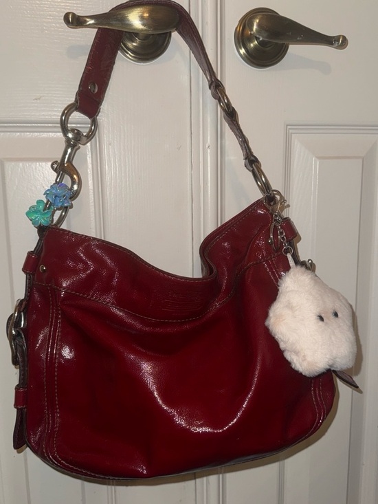 Coach Handbags - Sold: Coach Zoe Burgundy Glossy Leather Shoulder Hobo with Chain Accent